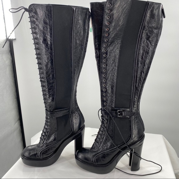 GIVENCHY | Black Leather Lace up Knee High Boots - Picture 4 of 16